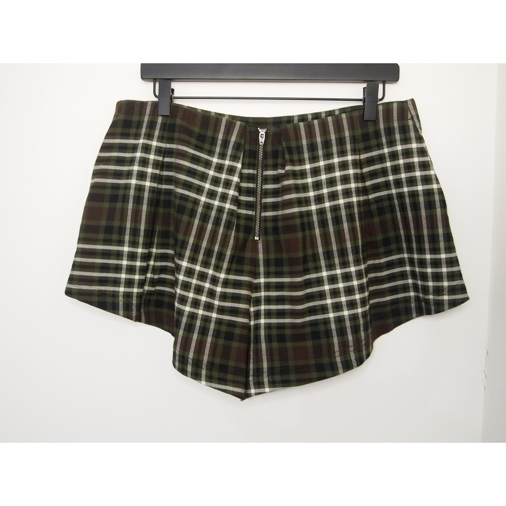 Free People Green Brown Plaid Highโ Waisted Tulip Hem Shorts Exposed Zipper